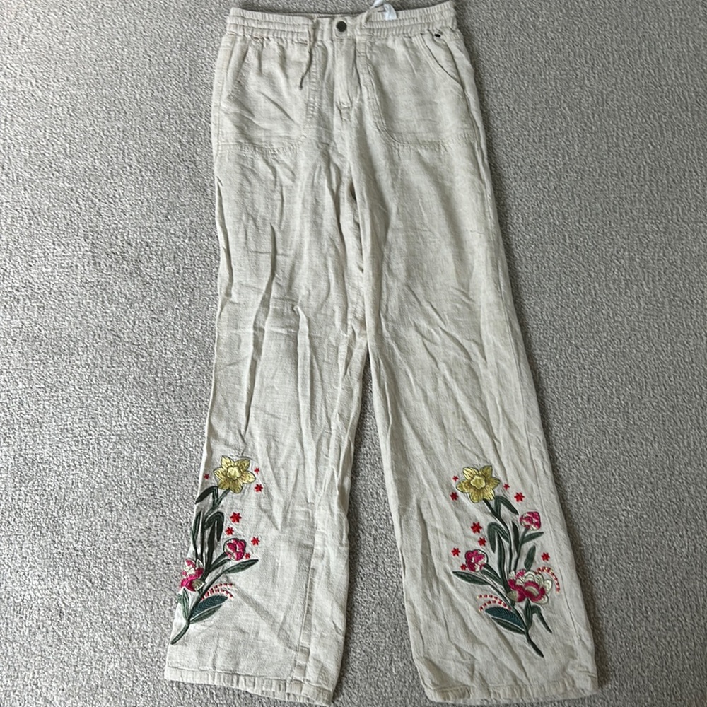 Linen Beach Pants with floral detailing on bottom of each pant leg